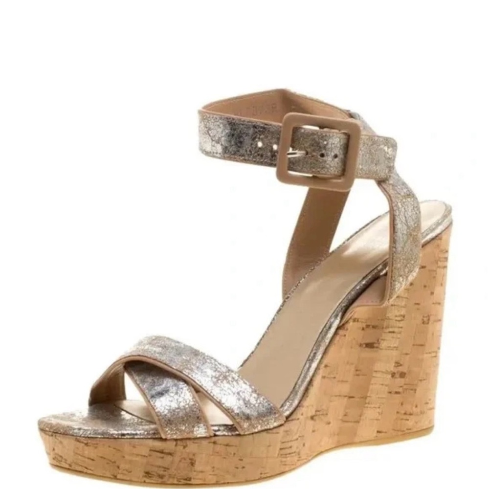 Stuart Weitzman metallic silver cork wedge sandals. Size 9M.